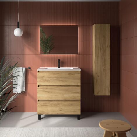 Meuble de salle de bain BEQUIA 3C 80cm Chêne Vasque Porcelaine Centrale (1/5)