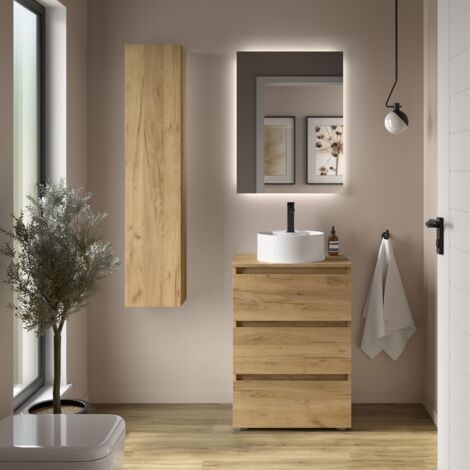 Meuble de salle de bain BEQUIA 3C 60cm Chêne Vasque à poser Porcelaine Centrale