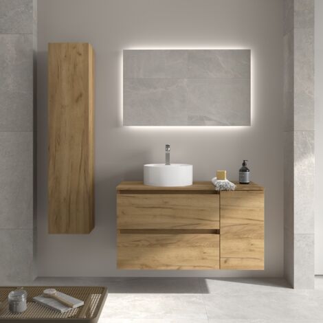 Meuble de salle de bain BEQUIA Plus 90cm Chêne Vasque à poser Porcelaine Côté réversible (1/5)