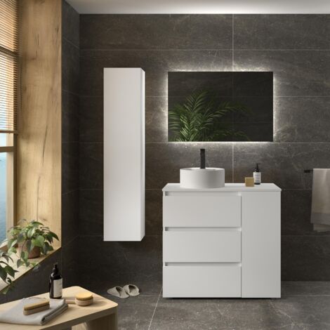 Meuble de salle de bain BEQUIA PLUS 3C 90cm Blanc mat Vasque à poser Porcelaine Côté réversible 1P (1/5)