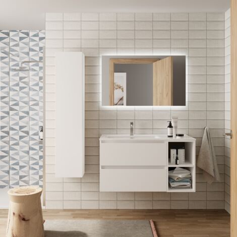 Meuble de salle de bain BEQUIA Plus 100cm Blanc mat Vasque Porcelaine Robinet à gauche (1/5)