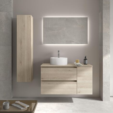Meuble de salle de bain BEQUIA PLUS 100cm Naturel Vasque à poser Porcelaine Côté réversible 1P (1/5)