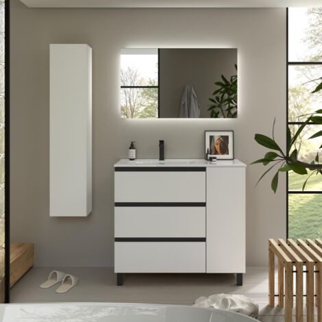 Meuble de salle de bain BEQUIA PLUS METAL 3C 90cm Blanc mat Vasque Porcelaine Robinet à gauche 1P (1/5)