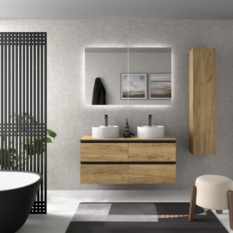 Meuble de salle de bain BEQUIA METAL 120cm Chêne Vasque à poser Porcelaine Centrale (1/5)