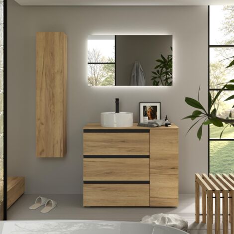 Meuble de salle de bain BEQUIA PLUS 3C 90cm Chêne Vasque à poser Porcelaine Côté réversible 1P (1/5)