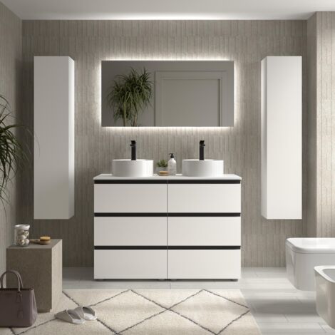 Meuble de salle de bain BEQUIA METAL 3C 120cm Blanc mat Vasque à poser Porcelaine Centrale (1/5)