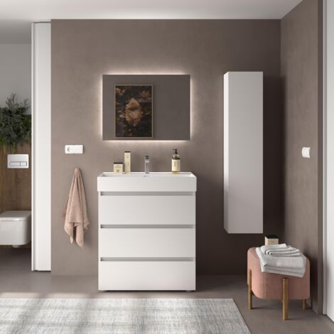 Meuble de salle de bain BEQUIA 3C 80cm Blanc mat Vasque Veneto Porcelaine Centrale (1/4)