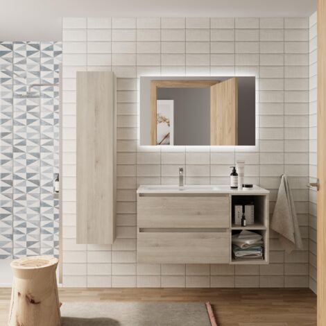 Meuble de salle de bain BEQUIA PLUS 100cm Naturel Vasque Porcelaine Robinet à gauche 2H (1/5)