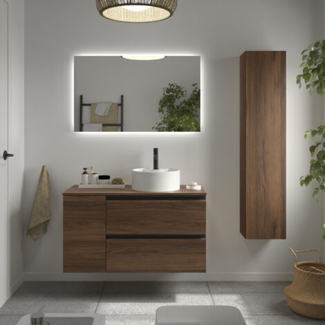 Meuble de salle de bain BEQUIA PLUS METAL 100cm Noyer Vasque à poser Porcelaine Côté réversible 1P (1/5)