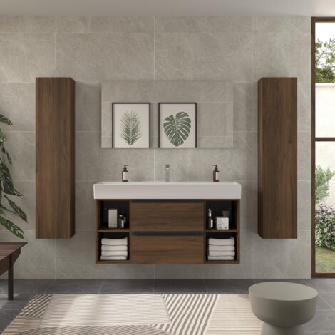 Meuble de salle de bain BEQUIA PLUS METAL 120cm Noyer Vasque Veneto Porcelaine Centrale 2H (1/5)