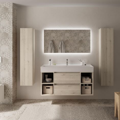 Meuble de salle de bain BEQUIA PLUS 120cm Naturel Vasque Veneto Porcelaine Centrale 2H (1/4)