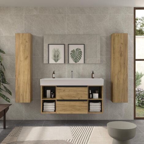 Meuble de salle de bain BEQUIA PLUS METAL 120cm Chêne Vasque Veneto Porcelaine Centrale 2H (1/5)