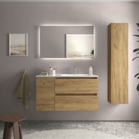 Cygnus Bath – Meuble de salle de bain 100cm chêne – Vasque en porcelaine blanche – Tiroirs à fermeture amortie – Finition résistante à l’humidité