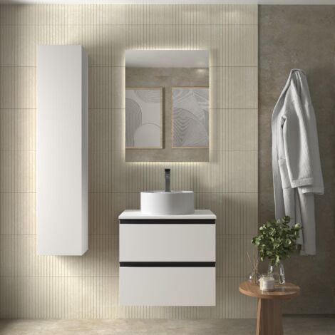 Meuble de salle de bain BEQUIA METAL 60cm Blanc mat Vasque à poser Porcelaine Centrale (1/5)