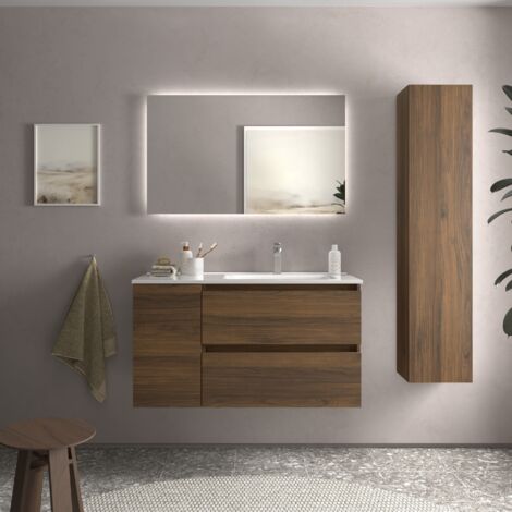 Meuble de salle de bain BEQUIA Plus 100cm Noyer Vasque Porcelaine Robinet à droite (1/5)