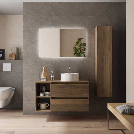 Meuble de salle de bain BEQUIA Plus 90cm Noyer Vasque à poser Porcelaine Côté réversible