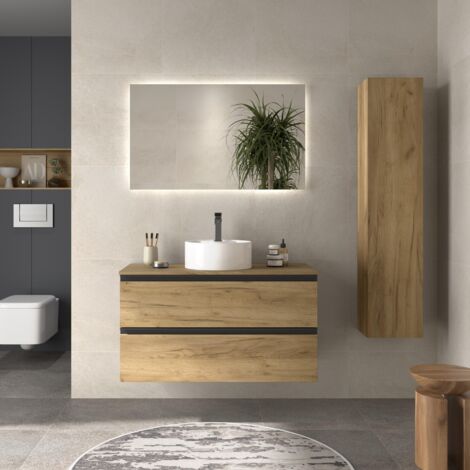 Meuble de salle de bain BEQUIA METAL 100cm Chêne  Avec plan toilette (vasque non incluse)