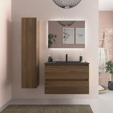 Cygnus Bath – Meuble de salle de bain 80cm – Noyer – Vasque noire en porcelaine émaillée – Tiroirs à fermeture amortie – Dimensions 80x45x54cm (1/5)