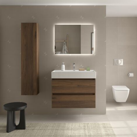 Meuble de salle de bain BEQUIA 80cm Noyer Vasque Porcelaine
