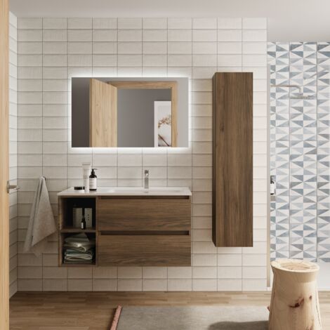 Meuble de salle de bain BEQUIA Plus 100cm Noyer Vasque Porcelaine Robinet à droite (1/5)