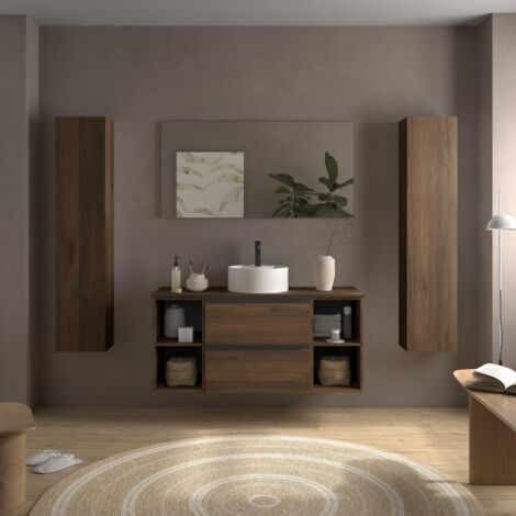 Meuble de salle de bain BEQUIA PLUS METAL 120cm Noyer Vasque à poser Porcelaine Centrale 2H (1/5)