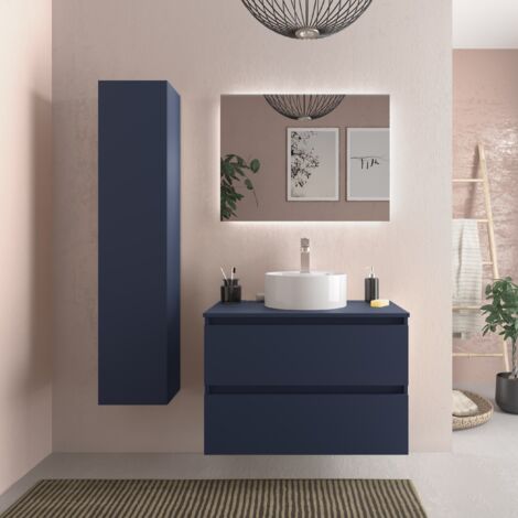 Cygnus Bath – Meuble de salle de bain 80cm bleu mat – Vasque à poser en porcelaine blanche – Tiroirs à fermeture amortie – MDF résistant à l'humidité