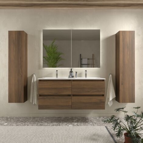 Meuble de salle de bain BEQUIA 120cm Noyer Vasque Porcelaine