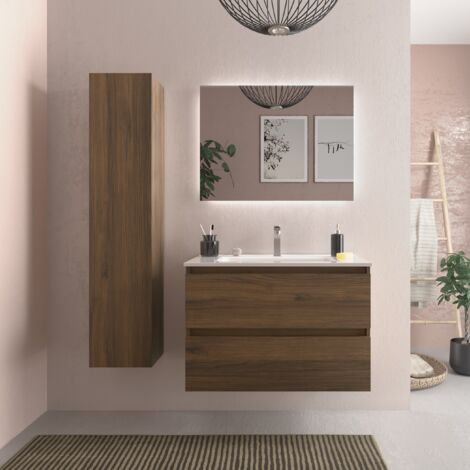 Meuble de salle de bain BEQUIA 80cm Noyer Vasque Porcelaine