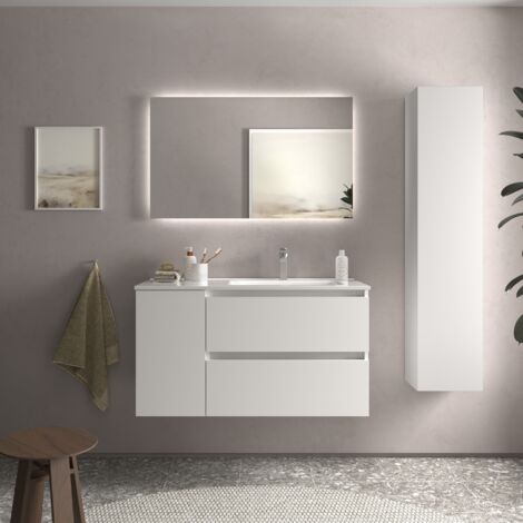 Meuble de salle de bain BEQUIA Plus 90cm Blanc mat Vasque Porcelaine Robinet à droite (1/5)
