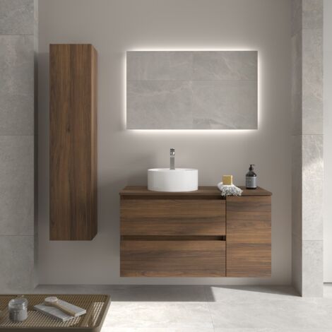 Meuble de salle de bain BEQUIA Plus 100cm Noyer Vasque à poser Porcelaine Côté réversible (1/5)