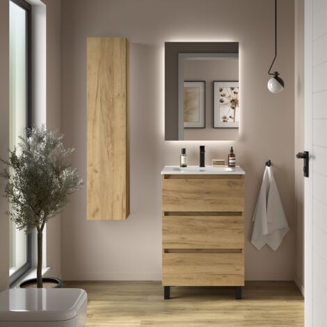 Cygnus Bath – Meuble de salle de bain BEQUIA 3C 60cm – Vasque en porcelaine blanche – Tiroirs à fermeture amortie – MDF résistant à l’humidité (1/5)