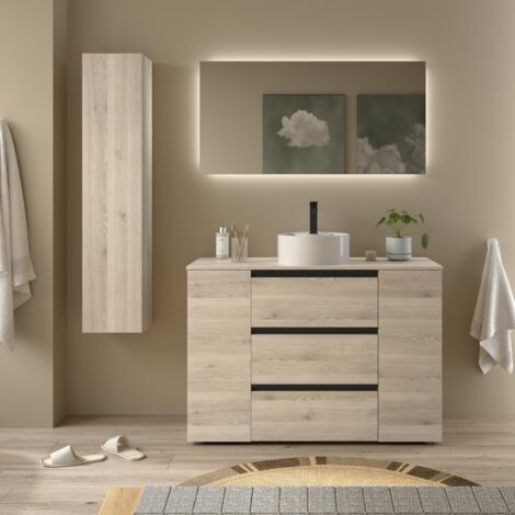 Meuble de salle de bain BEQUIA PLUS 3C 120cm Naturel Vasque à poser Porcelaine Côté réversible 1P (1/5)