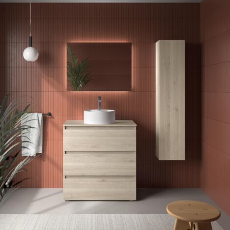 Meuble de salle de bain BEQUIA 3C 80cm Naturel Vasque à poser Porcelaine Centrale