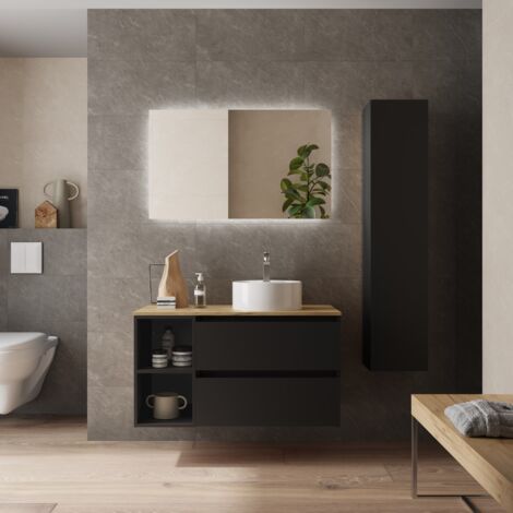 Meuble de salle de bain BEQUIA Plus 90cm Noir mat Vasque à poser Porcelaine Côté réversible (1/5)