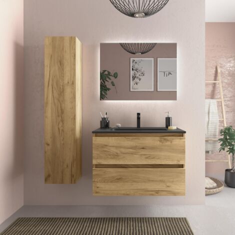 Meuble de salle de bain BEQUIA 80cm Chêne Vasque Noir Porcelaine Centrale