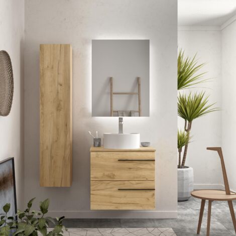 Meuble de salle de bain YARA 60cm Chêne Vasque à poser Porcelaine Centrale (1/5)