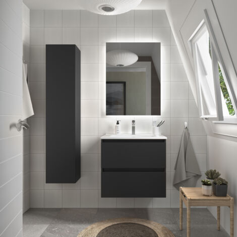Cygnus Bath – Meuble bas de salle de bain 70cm noir mat – Vasque en porcelaine blanche – Tiroirs à fermeture amortie – MDF résistant à l'humidité