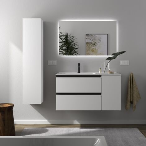 Meuble de salle de bain BEQUIA PLUS METAL 90cm Blanc mat Vasque Porcelaine Robinet à gauche 1P (1/5)
