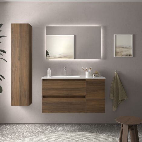 Meuble de salle de bain BEQUIA Plus 100cm Noyer Vasque Porcelaine Robinet à gauche (1/5)