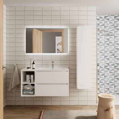 Meuble de salle de bain BEQUIA Plus 90cm Blanc mat Vasque Porcelaine Robinet à droite (1/5)