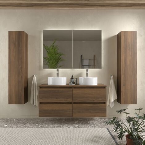 Cygnus Bath – Meuble de salle de bain 120cm noyer – Plan de toilette sans perçage – Tiroirs à fermeture amortie – MDF résistant à l’humidité