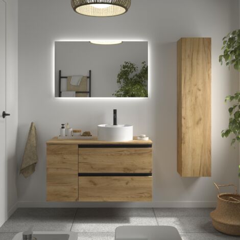 Meuble de salle de bain BEQUIA PLUS METAL 100cm Chêne Vasque à poser Porcelaine Côté réversible 1P (1/5)