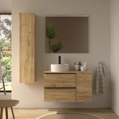 Meuble de salle de bain NABUA PLUS 90cm Chêne Vasque à poser Porcelaine Côté réversible 1P (1/5)