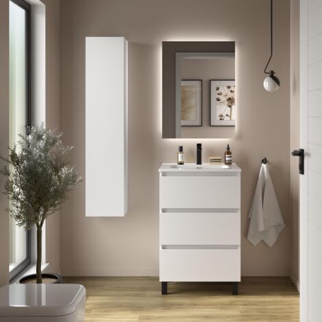 Meuble de salle de bain BEQUIA 3C 60cm Blanc mat Vasque Porcelaine Centrale (1/5)