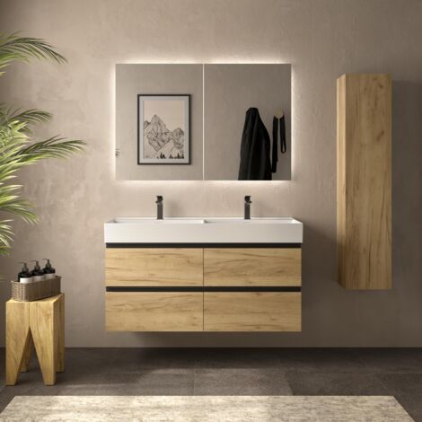 Meuble de salle de bain BEQUIA METAL 120cm Chêne Vasque Veneto Porcelaine Centrale (1/4)