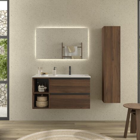 Meuble de salle de bain BEQUIA PLUS METAL 100cm Noyer Vasque Porcelaine Robinet à droite 2H (1/5)