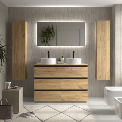 Meuble de salle de bain BEQUIA METAL 3C 120cm Chêne Vasque à poser Porcelaine Centrale