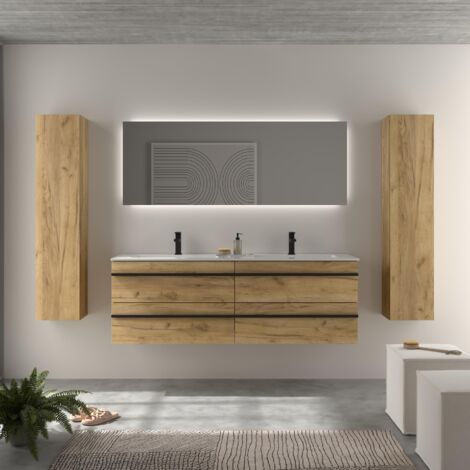 Meuble de salle de bain BORN 160cm Chêne Vasque Vilna Solid Surface Centrale (1/4)