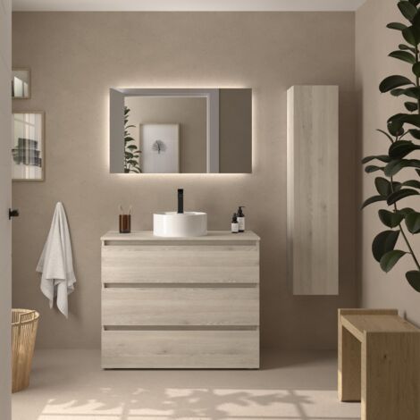Meuble de salle de bain BEQUIA 3C 100cm Naturel Vasque à poser Porcelaine Centrale (1/5)