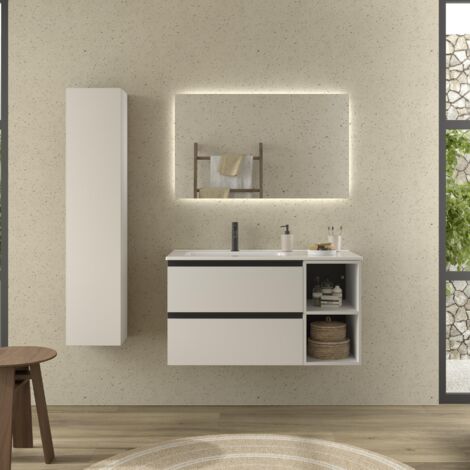 Meuble de salle de bain BEQUIA PLUS METAL 100cm Blanc mat Vasque Porcelaine Robinet à gauche 2H (1/5)